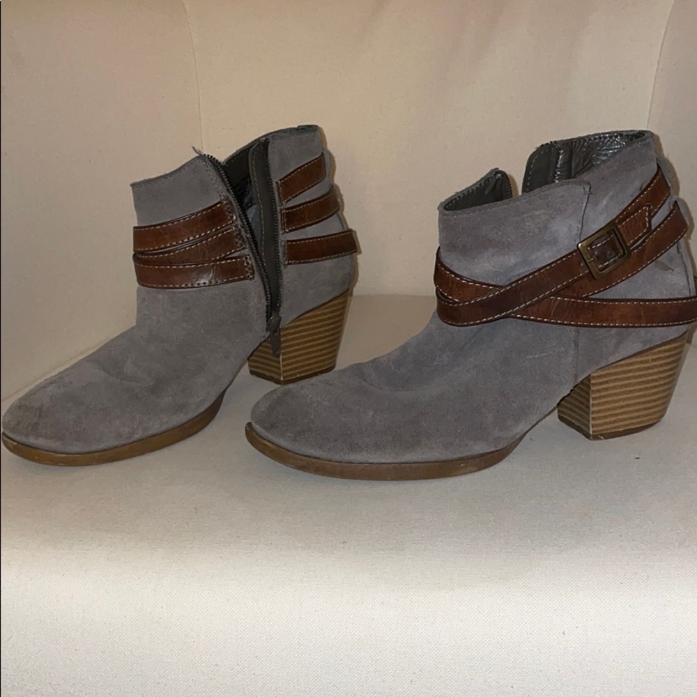 Grey, belted heeled ankle boots